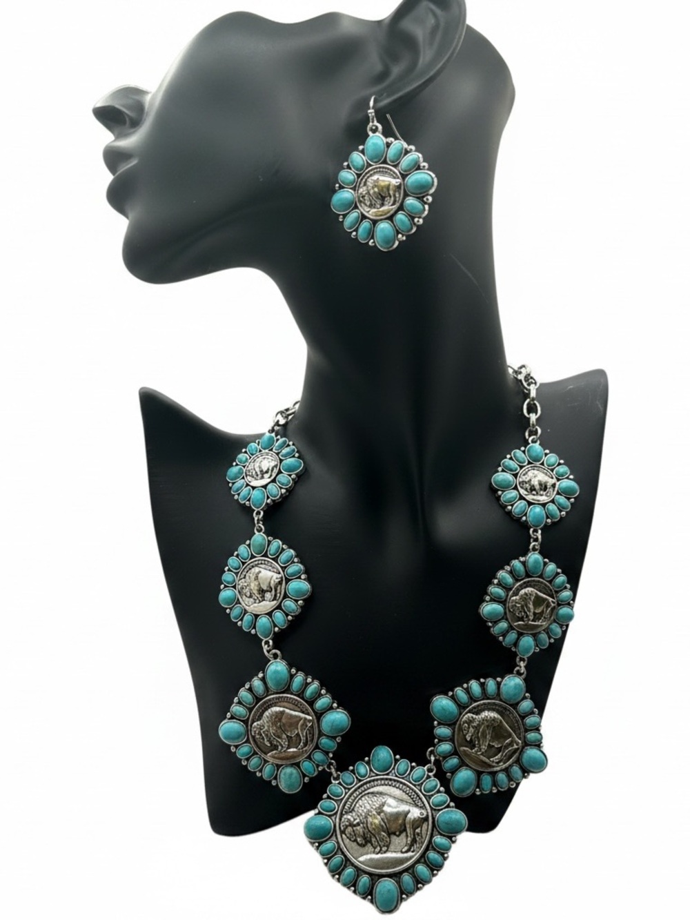 Turquoise Coin Statement Necklace and Earrings - Women Jewelry